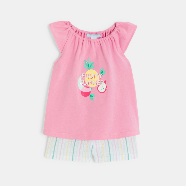 تيشيرت بياقة مطاطية مطبوع عليه صورة فاكهة وشورت مخطط باللون الوردي للفتاة الرضيعة 